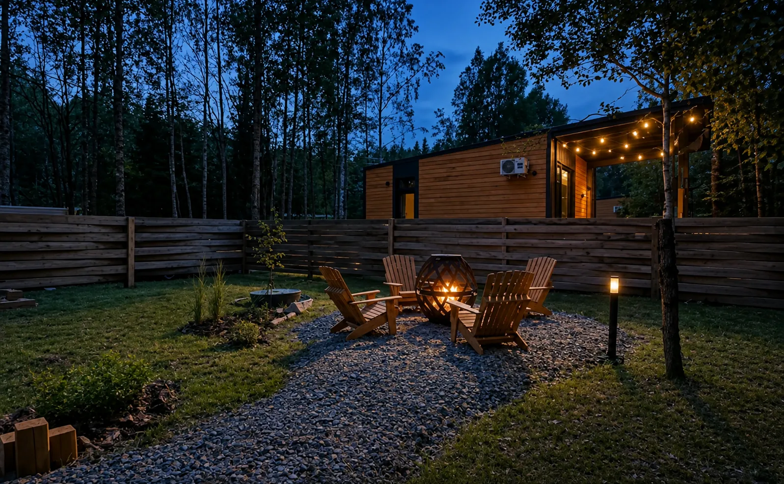 Широкий вид на костровую зону Mint House с огнём в вечернем лесу